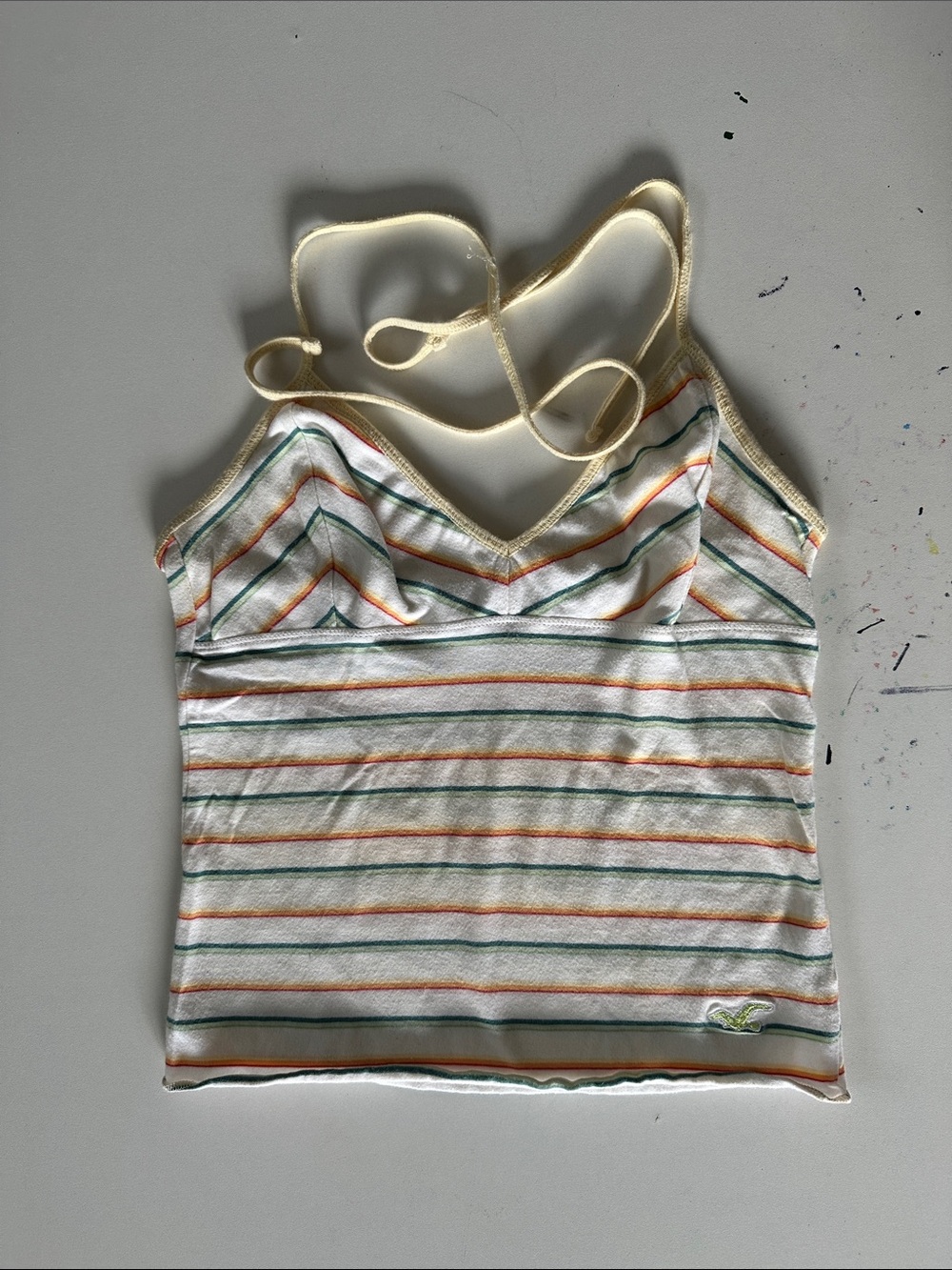 Hollister Cream Striped Spaghetti-Strap Tank with Green & Orange Accents